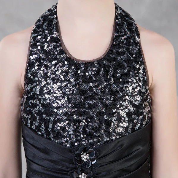 Sparkly Black Sequins Flower Girl Dresses 2018 A-Line / Princess Halter Sleeveless Floor-Length / Long Ruffle Backless Wedding Party Dresses
