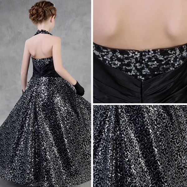 Sparkly Black Sequins Flower Girl Dresses 2018 A-Line / Princess Halter Sleeveless Floor-Length / Long Ruffle Backless Wedding Party Dresses