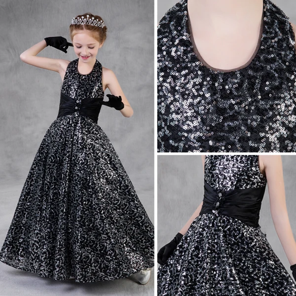 Sparkly Black Sequins Flower Girl Dresses 2018 A-Line / Princess Halter Sleeveless Floor-Length / Long Ruffle Backless Wedding Party Dresses