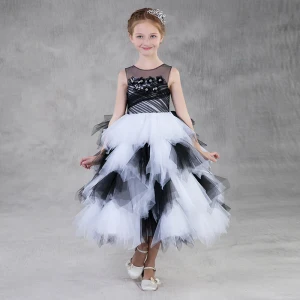 Amazing Unique Black White See Through Flower Girl Dresses 2018 Ball Gown Scoop Neck Sleeveless Appliques Flower Tea Length Cascading Ruffles Wedding Party Dresses