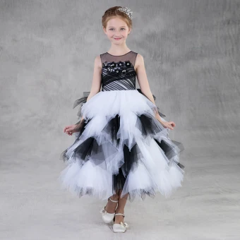 Amazing Unique Black White See Through Flower Girl Dresses 2018 Ball Gown Scoop Neck Sleeveless Appliques Flower Tea Length Cascading Ruffles Wedding Party Dresses