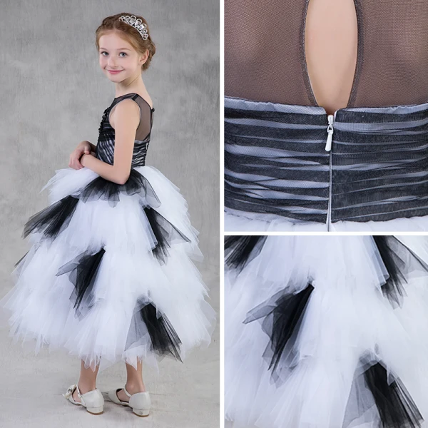Amazing / Unique Black White See-through Flower Girl Dresses 2018 Ball Gown Scoop Neck Sleeveless Appliques Flower Tea-length Cascading Ruffles Wedding Party Dresses