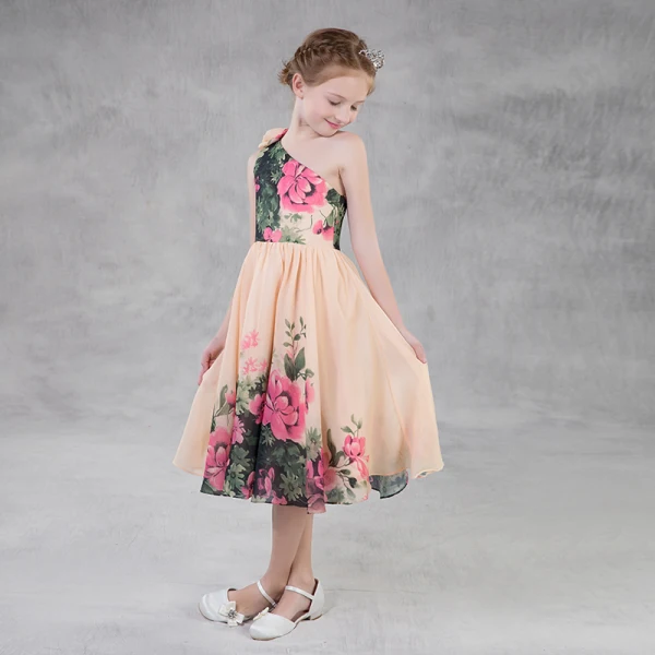 Colored Printing Chiffon Champagne Flower Girl Dresses 2018 A-Line / Princess One-Shoulder Sleeveless Tea-length Backless Wedding Party Dresses