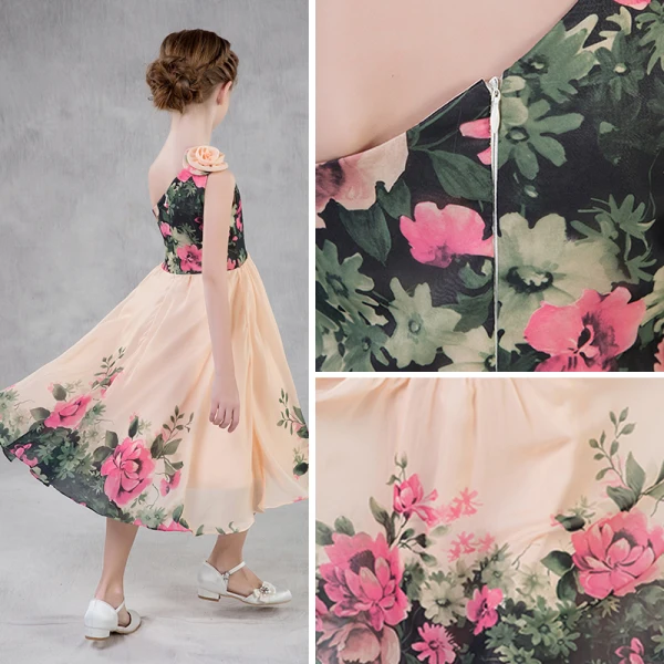 Colored Printing Chiffon Champagne Flower Girl Dresses 2018 A-Line / Princess One-Shoulder Sleeveless Tea-length Backless Wedding Party Dresses