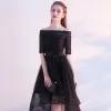 Chic / Beautiful Black Cocktail Dresses 2017 A-Line / Princess Off-The-Shoulder 1/2 Sleeves Flower Sash Asymmetrical Ruffle Backless Formal Dresses