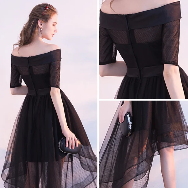 Schöne Schwarz Cocktailkleider 2017 A Linie Off Shoulder 1/2 Ärmel Blumen Stoffgürtel Asymmetrisch Rüschen Rückenfreies Festliche Kleider