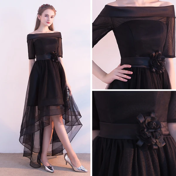 Schöne Schwarz Cocktailkleider 2017 A Linie Off Shoulder 1/2 Ärmel Blumen Stoffgürtel Asymmetrisch Rüschen Rückenfreies Festliche Kleider