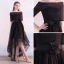 Schöne Schwarz Cocktailkleider 2017 A Linie Off Shoulder 1/2 Ärmel Blumen Stoffgürtel Asymmetrisch Rüschen Rückenfreies Festliche Kleider