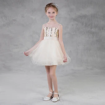 Modern Fashion Champagne See Through Summer Flower Girl Dresses 2018 A Line Princess Square Neckline Sleeveless Sequins Sash Short Ruffle Backless Wedding Party Dresses