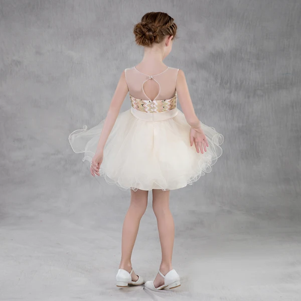Modern / Fashion Champagne See-through Summer Flower Girl Dresses 2018 A-Line / Princess Square Neckline Sleeveless Sequins Sash Short Ruffle Backless Wedding Party Dresses