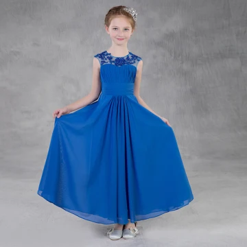 Simple Bleu Roi Chiffon Robe Ceremonie Fille 2018 Empire Percé Encolure Dégagée Manches Courtes Sans Manches Perlage Paillettes Longue Volants Dos Nu Robe Pour Mariage