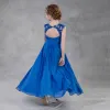 Modest / Simple Royal Blue Chiffon Flower Girl Dresses 2018 Empire Pierced Scoop Neck Short Sleeve Sleeveless Beading Sequins Floor-Length / Long Ruffle Backless Wedding Party Dresses