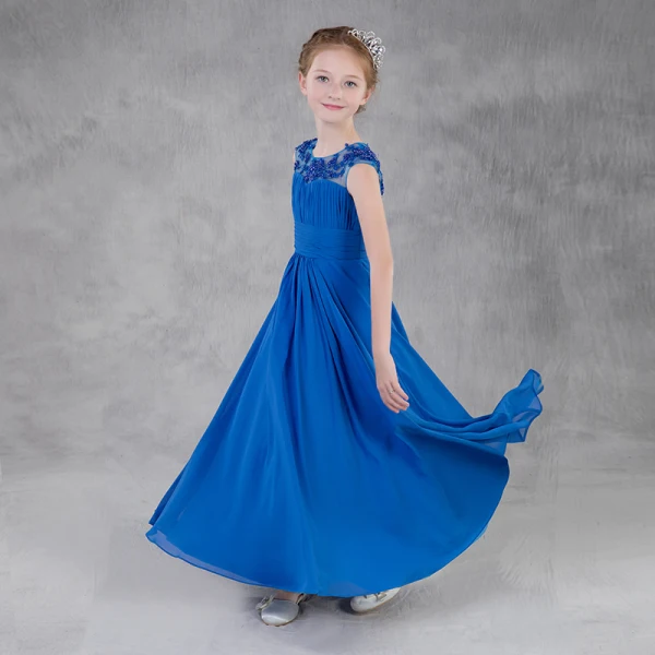 Simple Bleu Roi Chiffon Robe Ceremonie Fille 2018 Empire Percé Encolure Dégagée Manches Courtes Sans Manches Perlage Paillettes Longue Volants Dos Nu Robe Pour Mariage