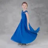 Modest / Simple Royal Blue Chiffon Flower Girl Dresses 2018 Empire Pierced Scoop Neck Short Sleeve Sleeveless Beading Sequins Floor-Length / Long Ruffle Backless Wedding Party Dresses