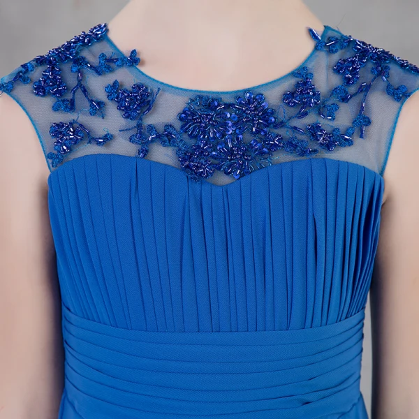 Simple Bleu Roi Chiffon Robe Ceremonie Fille 2018 Empire Percé Encolure Dégagée Manches Courtes Sans Manches Perlage Paillettes Longue Volants Dos Nu Robe Pour Mariage