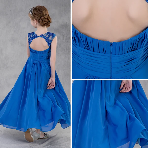Simple Bleu Roi Chiffon Robe Ceremonie Fille 2018 Empire Percé Encolure Dégagée Manches Courtes Sans Manches Perlage Paillettes Longue Volants Dos Nu Robe Pour Mariage