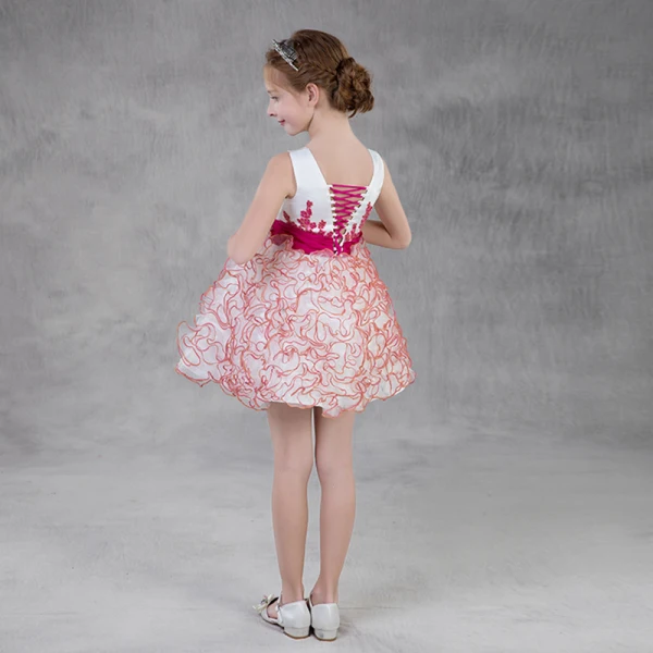 Modern / Fashion Candy Pink Organza Summer Flower Girl Dresses 2018 A-Line / Princess See-through Scoop Neck Sleeveless Appliques Lace Sash Short Cascading Ruffles Backless Wedding Party Dresses
