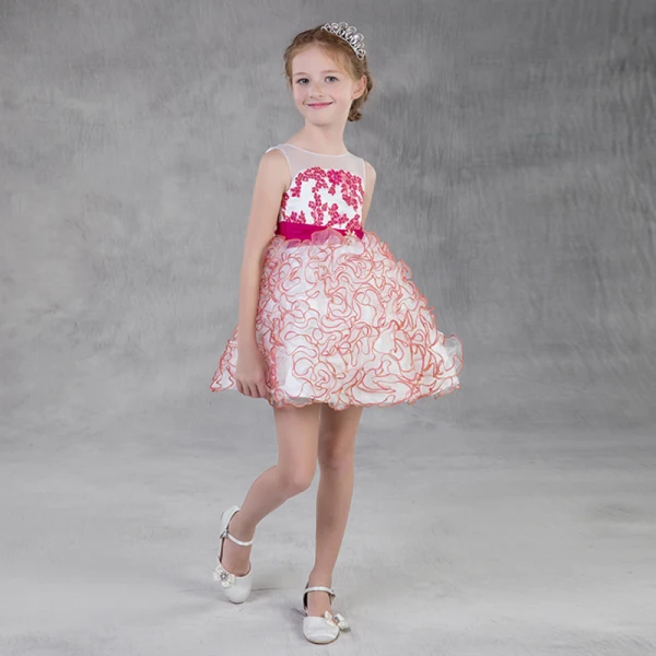 Modern / Fashion Candy Pink Organza Summer Flower Girl Dresses 2018 A-Line / Princess See-through Scoop Neck Sleeveless Appliques Lace Sash Short Cascading Ruffles Backless Wedding Party Dresses