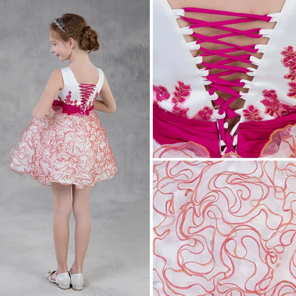 Modern / Fashion Candy Pink Organza Summer Flower Girl Dresses 2018 A-Line / Princess See-through Scoop Neck Sleeveless Appliques Lace Sash Short Cascading Ruffles Backless Wedding Party Dresses