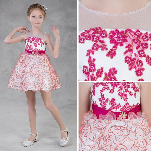 Modern / Fashion Candy Pink Organza Summer Flower Girl Dresses 2018 A-Line / Princess See-through Scoop Neck Sleeveless Appliques Lace Sash Short Cascading Ruffles Backless Wedding Party Dresses