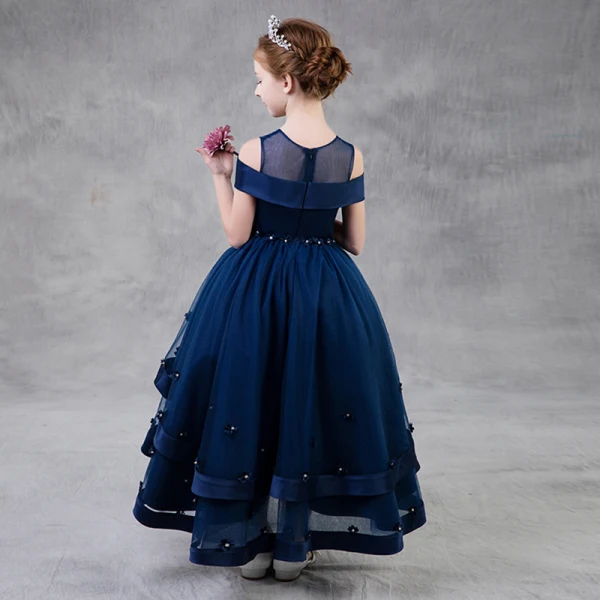 Chic / Beautiful Navy Blue Flower Girl Dresses 2018 A-Line / Princess See-through Scoop Neck Strapless Short Sleeve Rhinestone Asymmetrical Ruffle