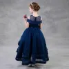 Chic / Beautiful Navy Blue Flower Girl Dresses 2018 A-Line / Princess See-through Scoop Neck Strapless Short Sleeve Rhinestone Asymmetrical Ruffle Wedding Party Dresses