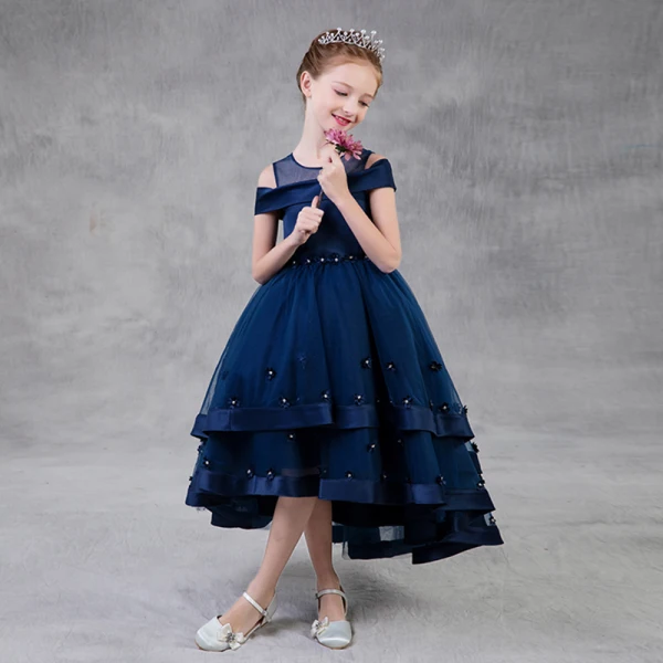 Chic / Belle Bleu Marine Robe Ceremonie Fille 2018 Princesse Transparentes Encolure Dégagée Bustier Manches Courtes Faux Diamant Asymétrique Volants Robe Pour Mariage