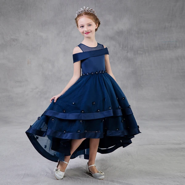 Chic / Beautiful Navy Blue Flower Girl Dresses 2018 A-Line / Princess See-through Scoop Neck Strapless Short Sleeve Rhinestone Asymmetrical Ruffle