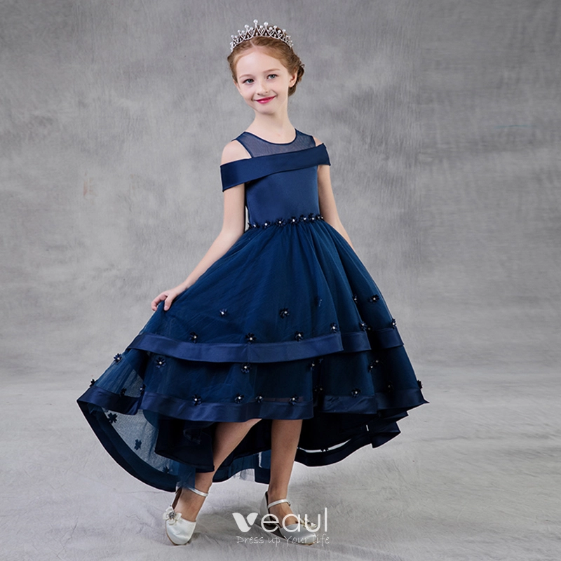 Chic / Beautiful Navy Blue Flower Girl Dresses 2018 A-Line / Princess See-through Scoop Neck Strapless Short Sleeve Rhinestone Asymmetrical Ruffle