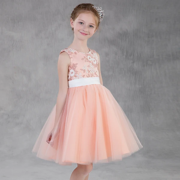 Chic / Beautiful Pearl Pink Flower Girl Dresses 2018 A-Line / Princess Scoop Neck Sleeveless Appliques Lace Sash Short Ruffle Wedding Party Dresses