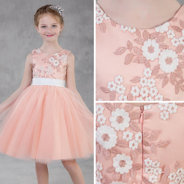 Chic / Beautiful Pearl Pink Flower Girl Dresses 2018 A-Line / Princess Scoop Neck Sleeveless Appliques Lace Sash Short Ruffle Wedding Party Dresses