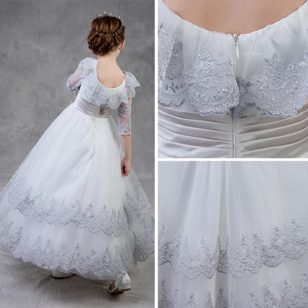 Chic / Beautiful Silver Flower Girl Dresses 2018 A-Line / Princess Scoop Neck 3/4 Sleeve Appliques Lace Flower Sash Floor-Length / Long Ruffle Wedding Party Dresses