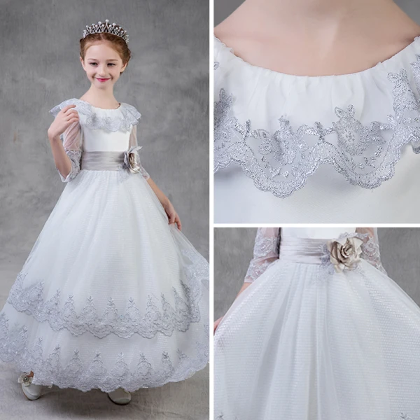 Chic / Beautiful Silver Flower Girl Dresses 2018 A-Line / Princess Scoop Neck 3/4 Sleeve Appliques Lace Flower Sash Floor-Length / Long Ruffle Wedding Party Dresses