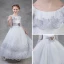 Chic / Beautiful Silver Flower Girl Dresses 2018 A-Line / Princess Scoop Neck 3/4 Sleeve Appliques Lace Flower Sash Floor-Length / Long Ruffle Wedding Party Dresses