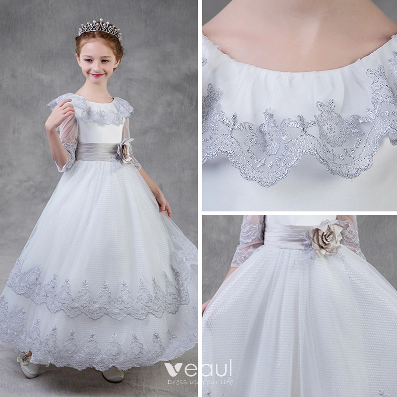 White and silver flower girl dresses hotsell