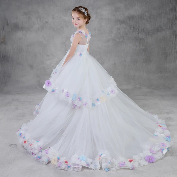 Flower Fairy White Flower Girl Dresses 2018 A-Line / Princess See-through Scoop Neck Sleeveless Appliques Flower Rhinestone Court Train Ruffle Wedding Party Dresses