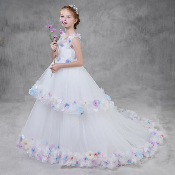 Flower Fairy White Flower Girl Dresses 2018 A-Line / Princess See-through Scoop Neck Sleeveless Appliques Flower Rhinestone Court Train Ruffle Wedding Party Dresses