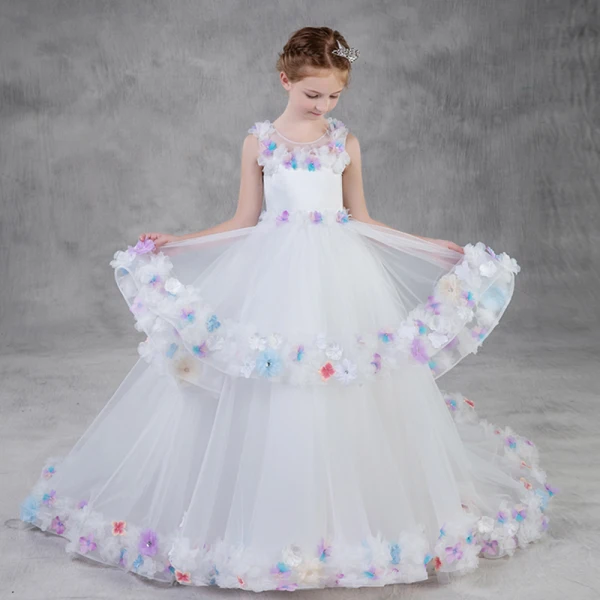 Flower Fairy White Flower Girl Dresses 2018 A-Line / Princess See-through Scoop Neck Sleeveless Appliques Flower Rhinestone Court Train Ruffle Wedding Party Dresses