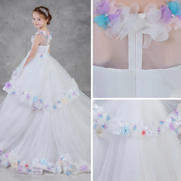 Flower Fairy White Flower Girl Dresses 2018 A-Line / Princess See-through Scoop Neck Sleeveless Appliques Flower Rhinestone Court Train Ruffle Wedding Party Dresses