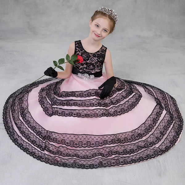 Chic / Beautiful Black Candy Pink Flower Girl Dresses 2018 A-Line / Princess Scoop Neck Sleeveless Rhinestone Sash Ankle Length Ruffle Wedding Party Dresses
