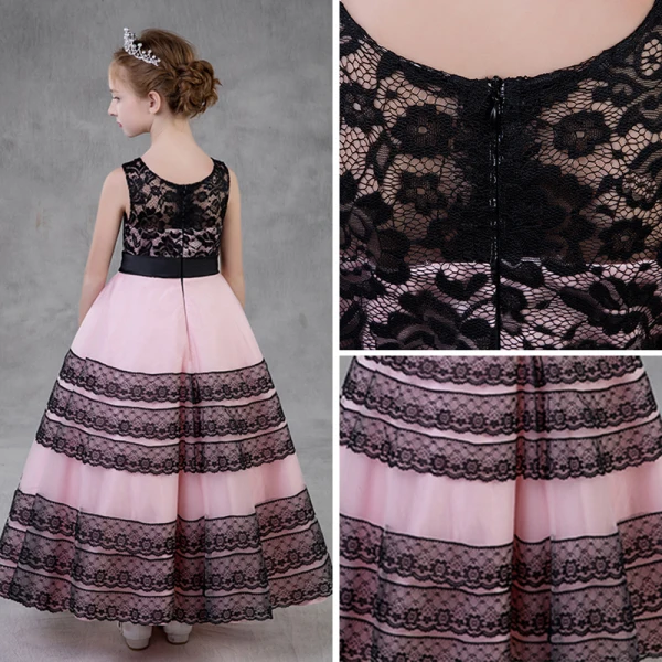 Chic / Beautiful Black Candy Pink Flower Girl Dresses 2018 A-Line / Princess Scoop Neck Sleeveless Rhinestone Sash Ankle Length Ruffle Wedding Party Dresses