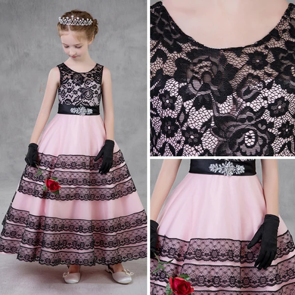 Chic / Beautiful Black Candy Pink Flower Girl Dresses 2018 A-Line / Princess Scoop Neck Sleeveless Rhinestone Sash Ankle Length Ruffle Wedding Party Dresses