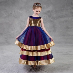 Coloré Doré Bleu Roi Bordeaux Robe Ceremonie Fille 2018 Princesse Encolure Dégagée Sans Manches Paillettes Longueur Cheville Volants Robe Pour Mariage