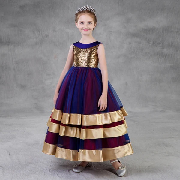 Colored Gold Royal Blue Burgundy Flower Girl Dresses 2018 A-Line / Princess Scoop Neck Sleeveless Sequins Ankle Length Ruffle Wedding Party Dresses