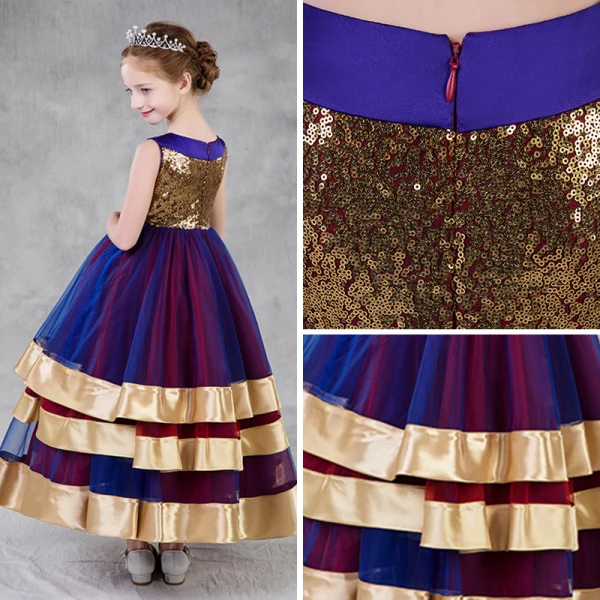 Colored Gold Royal Blue Burgundy Flower Girl Dresses 2018 A-Line / Princess Scoop Neck Sleeveless Sequins Ankle Length Ruffle Wedding Party Dresses