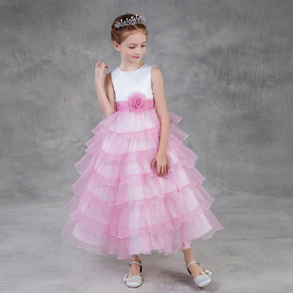 Chic / Beautiful Candy Pink Flower Girl Dresses 2018 A-Line / Princess Scoop Neck Sleeveless Flower Sash Ankle Length Cascading Ruffles Wedding Party Dresses