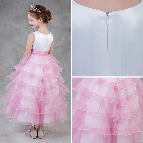 Chic / Beautiful Candy Pink Flower Girl Dresses 2018 A-Line / Princess Scoop Neck Sleeveless Flower Sash Ankle Length Cascading Ruffles Wedding Party Dresses
