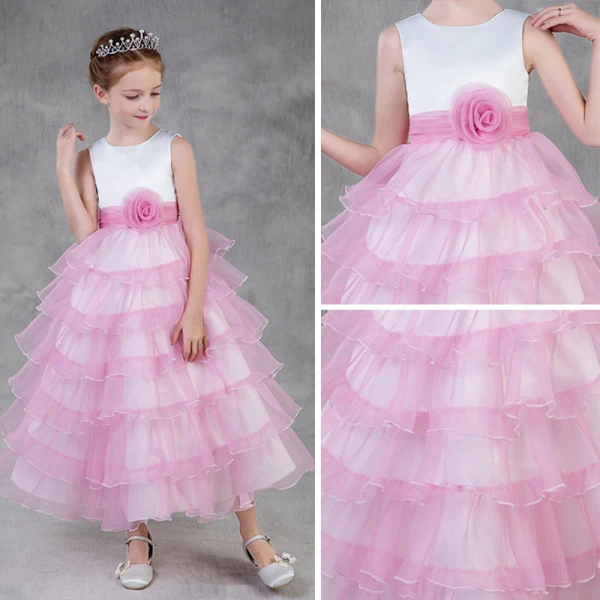 Chic / Beautiful Candy Pink Flower Girl Dresses 2018 A-Line / Princess Scoop Neck Sleeveless Flower Sash Ankle Length Cascading Ruffles Wedding Party Dresses