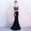 Elegant Navy Blue Evening Dresses  2017 Trumpet / Mermaid Scoop Neck Sleeveless Beading Tassel Floor-Length / Long Backless Pierced Formal Dresses