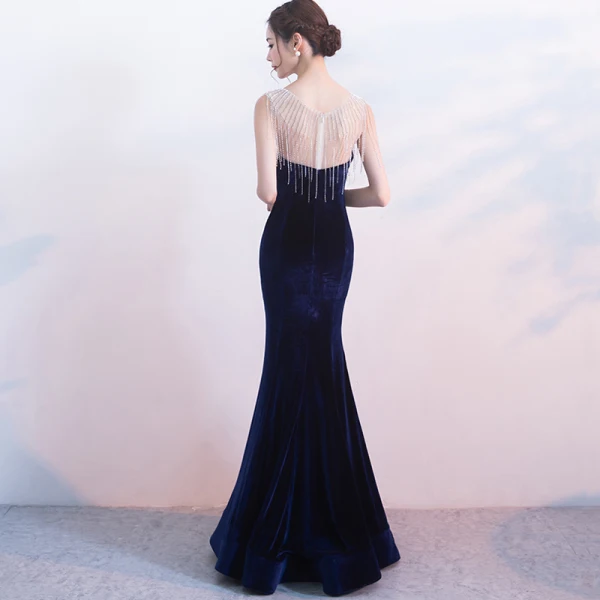 Elegant Navy Blue Evening Dresses 2017 Trumpet / Mermaid Scoop Neck Sleeveless Beading Tassel Floor-Length / Long Backless Pierced Formal Dresses